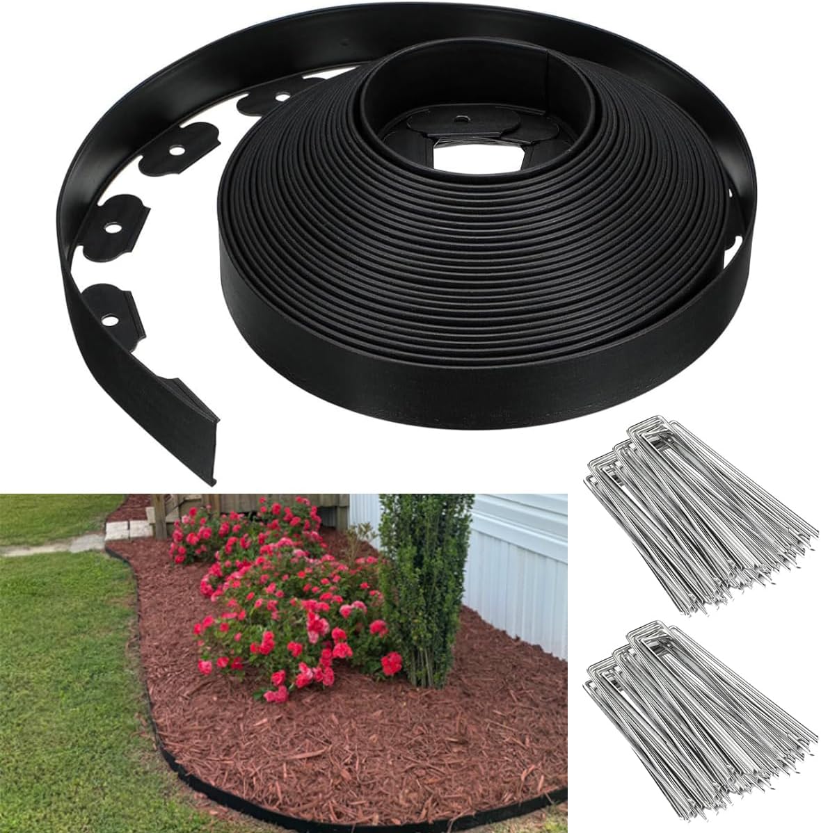 Landscape Edging 3 in x 49 FT, Garden Edging Borders with 75 Pieces Metal Stakes, Flexible Lawn Edging Border Kit, DIY Plastic Fence Edge for Tree, Yard, Flowerbeds,Grass,Landscaping, Path Way