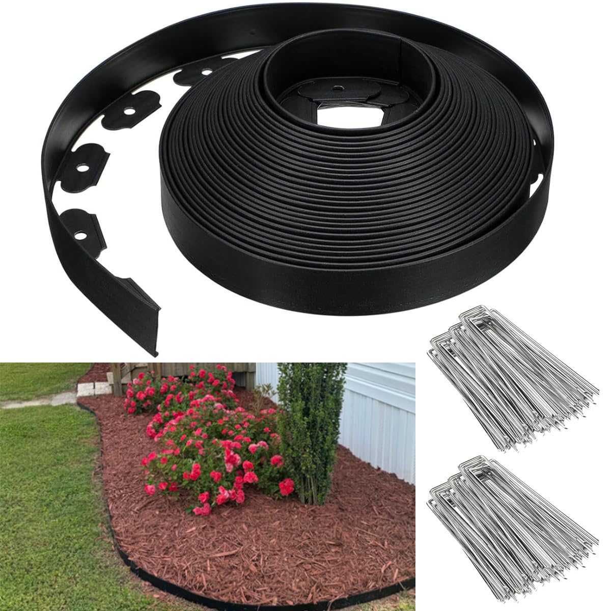 Garden Edging Borders, 7.6cm x 20m Lawn Edging Border with 100pcs Metal Stakes,Flexible Landscape Edging Kit, Plastic Fence Edge for Yard,Landscaping,Flowerbeds,Grass,Tree