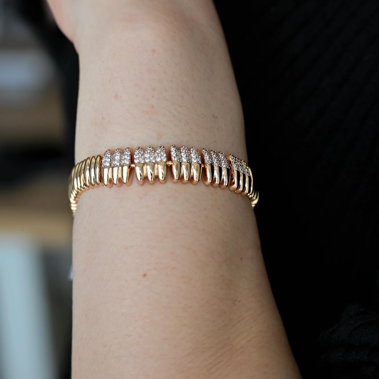 Rose Gold Plated Bullet Link Bracelet for Women – CZ Accent, Copper Base & Nickel-Free, Adjustable 17/19cm with Detachable Link, Luxury Statement Jewelry Gift - Image 7