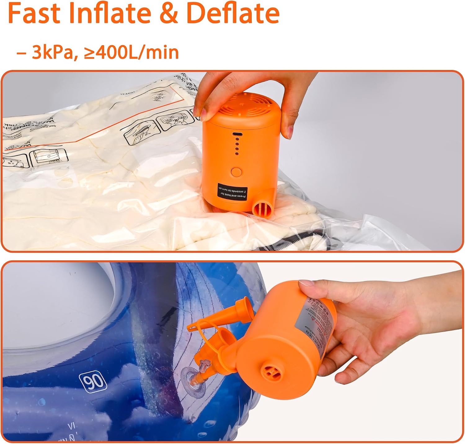 Portable Electric Air Pump for Inflatables Rechargeable – 4000mAh USB-C Air Pump for Pool Floats, Air Mattress, Vacuum Storage Bags – Inflate & Deflate Tiny Pump for Travel, Camping, Home