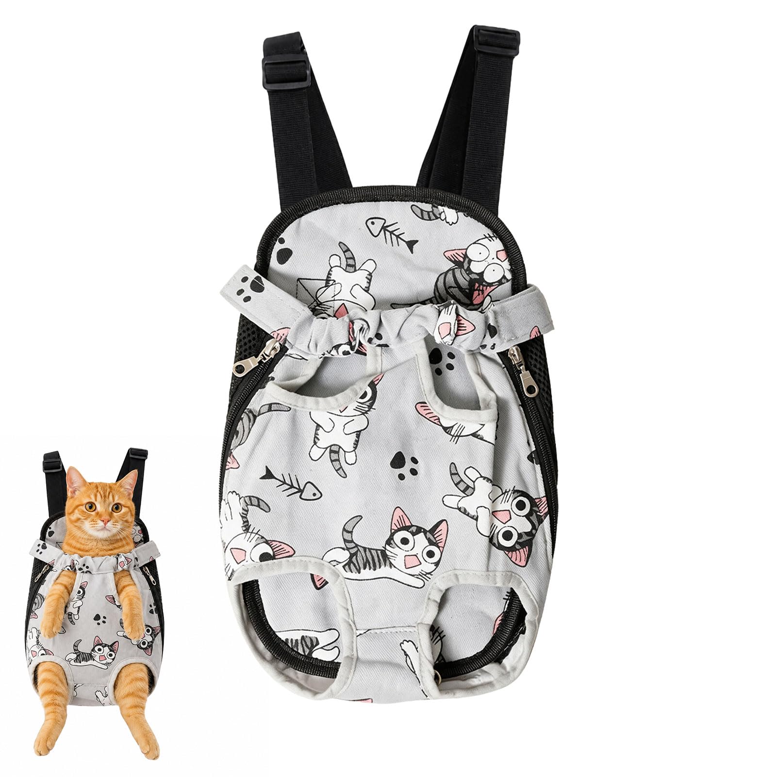 1 PCS Small Cat Carrier Backpack, Legs and Tail Out, Soft Fabric Kitten Cat Backpack, Portable Breathable Cats Carrier Suitable for Small Cats and Dogs of 2.5-4 Kg (Grey & M)