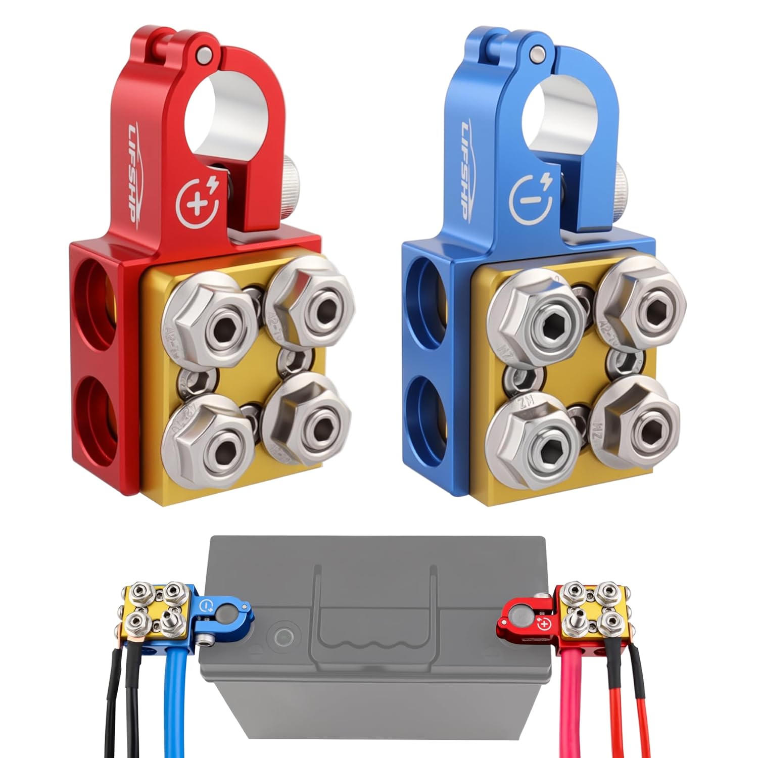 Battery Terminal Connectors, Red Positive Blue Negative Top Post Set, 4 x 2/0 AWG Inputs, 4 x 8MM Top & 3 x 6MM Bottom Studs, for SAE/DIN/EN Tapered Posts