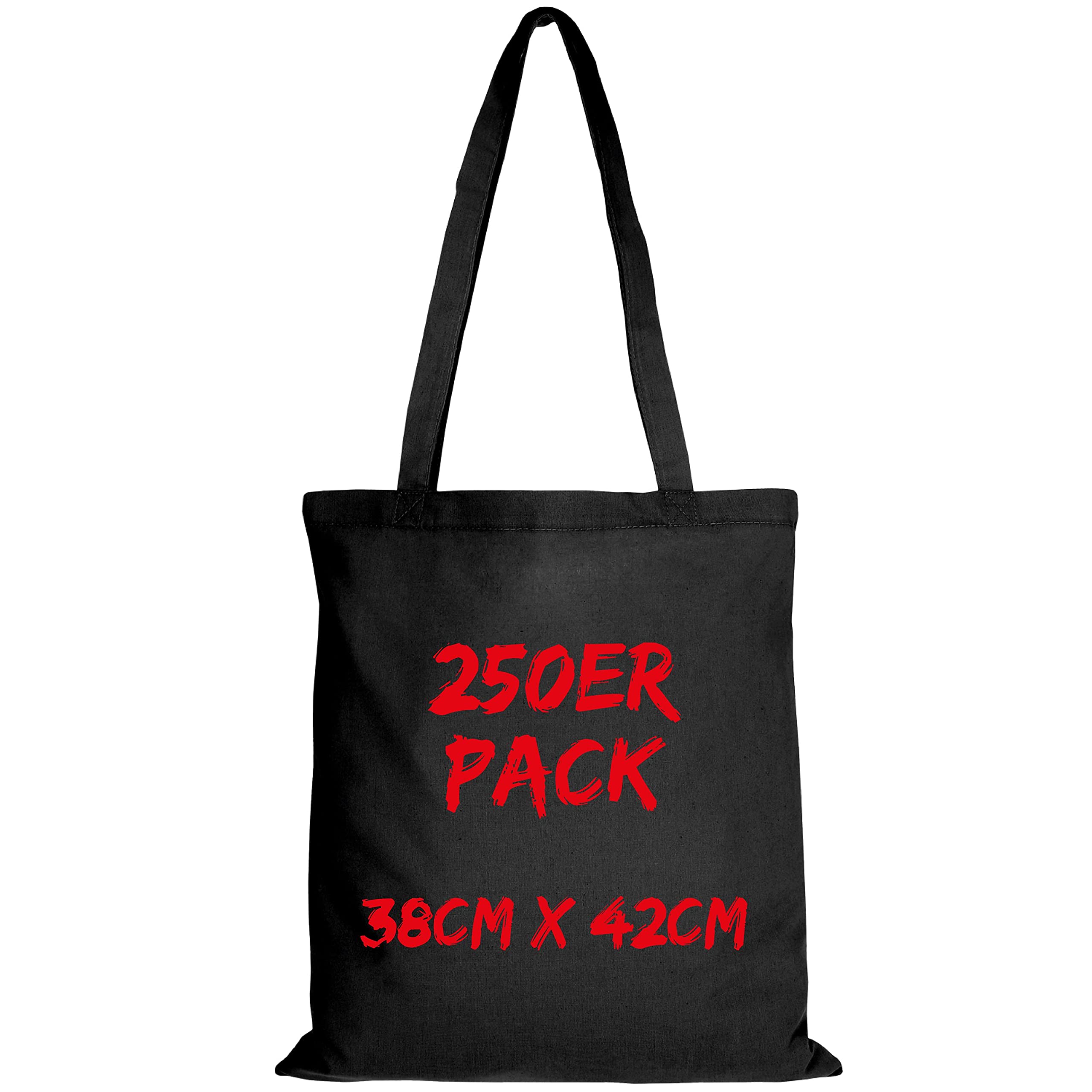 TEXXILLA Bolsa de algodón, 250 unidades, color negro, con dos asas largas, 38 x 42 cm, bolsa de yute, sin estampado