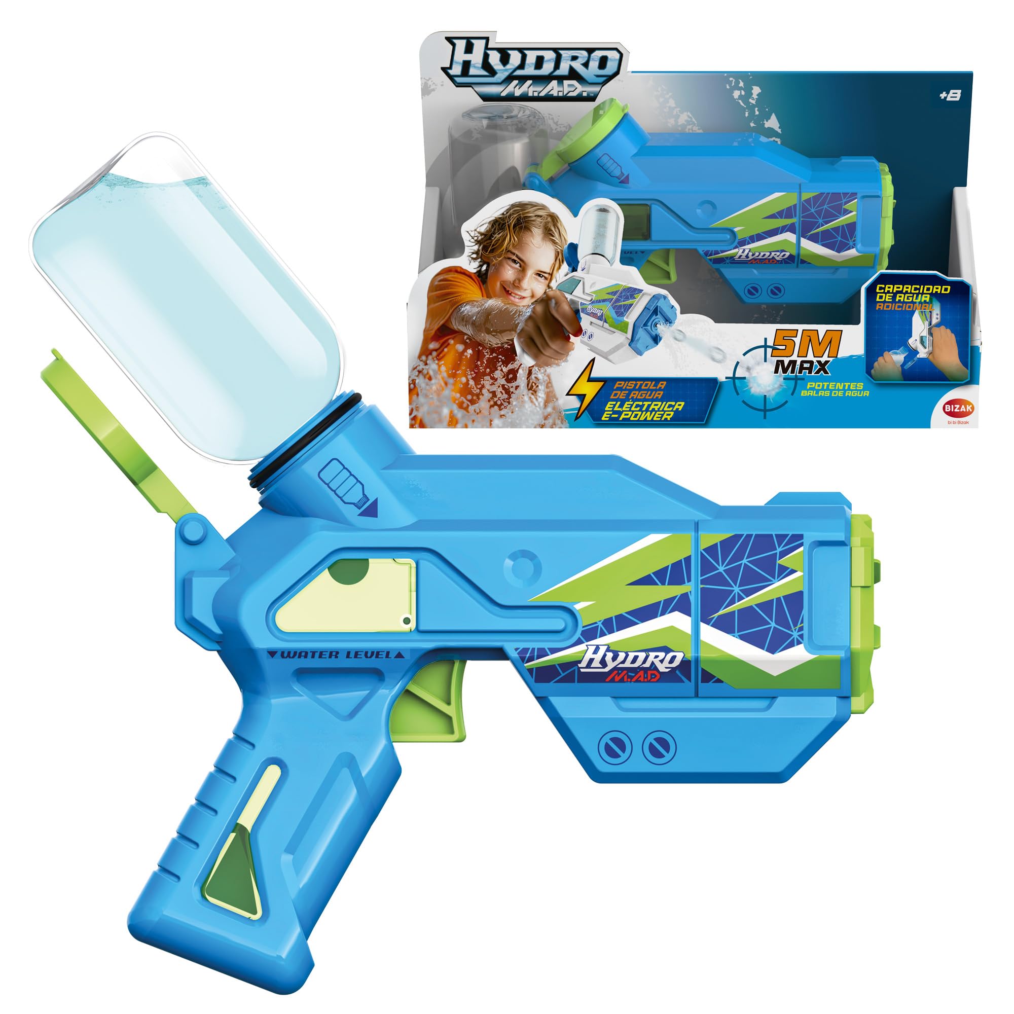 Bizak Hydro M.​A.​D. Mini Blaster Electrónico, Pistola de Agua con Alcance hasta 5m, Juguete para Juego al Aire Libre, Niños y Niñas +​8 Años, (62001153)