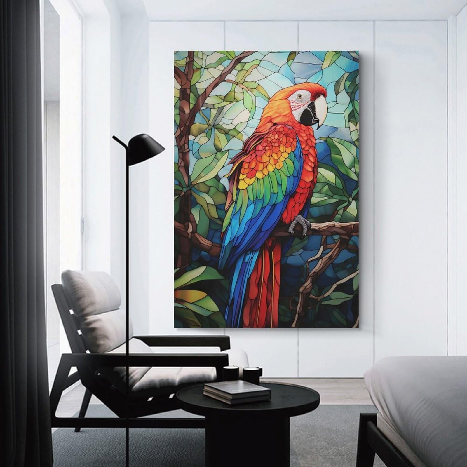 Junmoney Colorful Parrot Stained Glass Style Art Canvas Wall Decor, 24x36inch(60x90cm), for Office, Study Or Home Workspace, Wall Art That Adds Style to Work Areas
