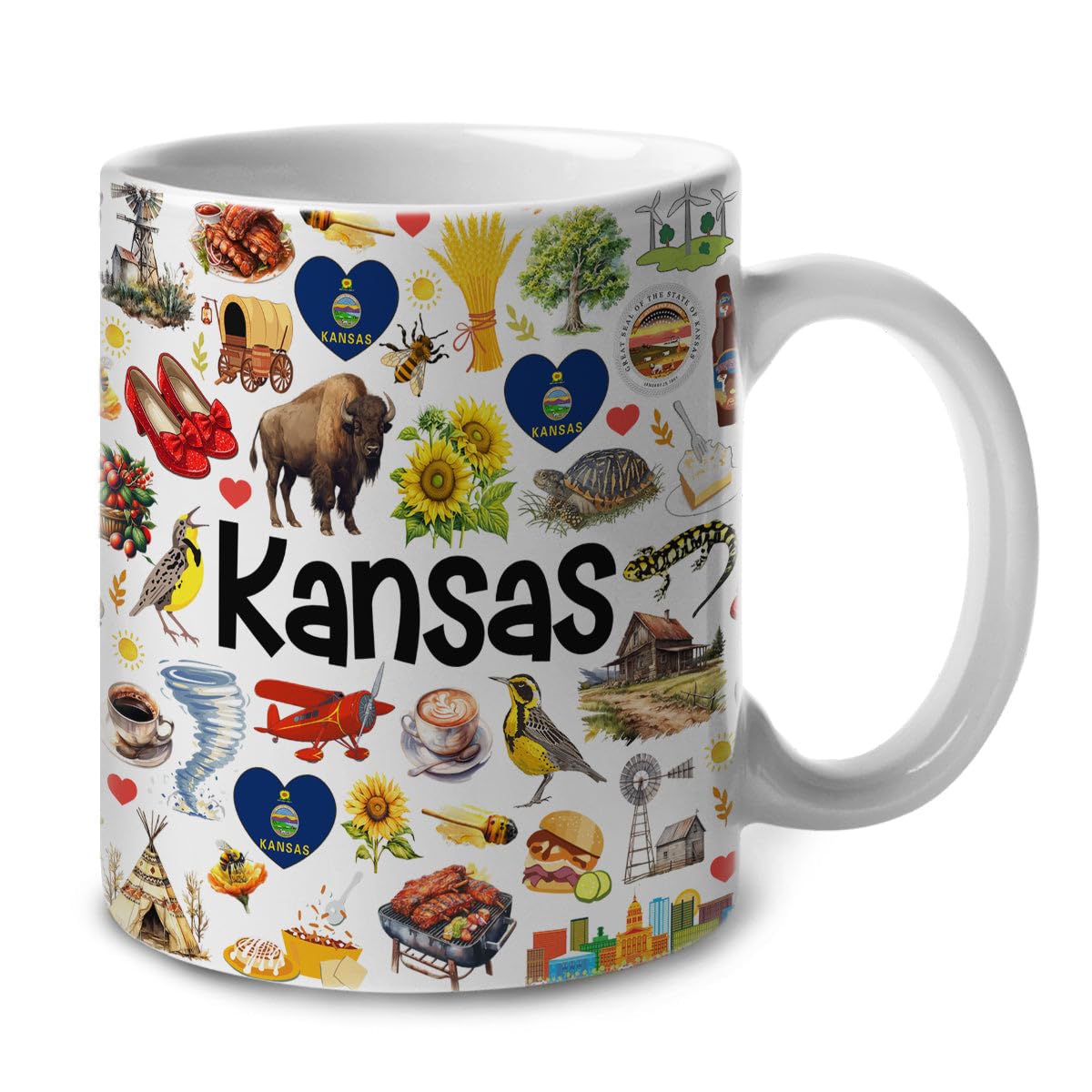 Lotacy Kansas Symbols Colorful Coffee Mug, Kansas Ceramic Mug 11 oz Coffee Mug, Kansas Souvenir and Gifts, Gift Idea for Kansas Men and Women.