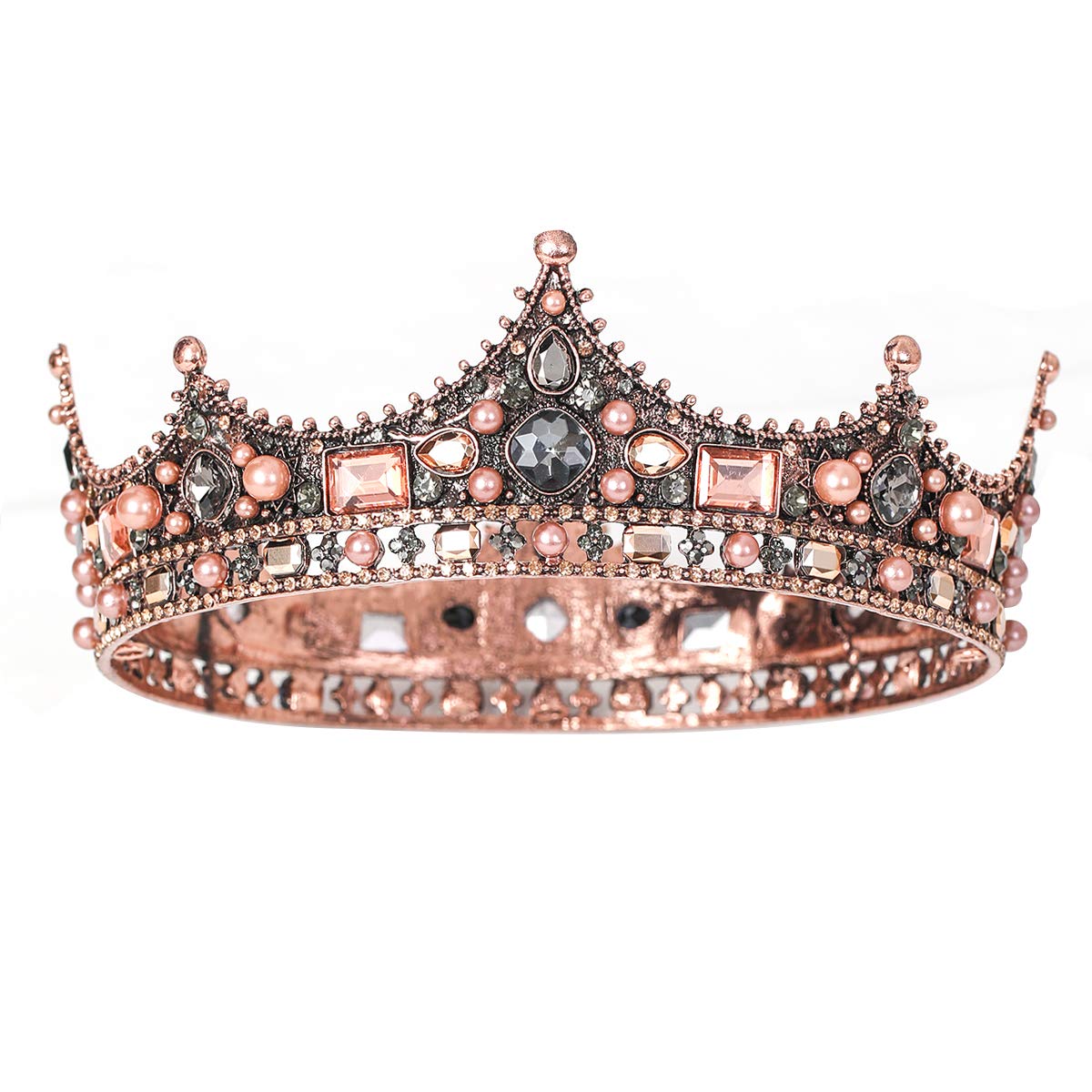 FORSEVEN King Crown for Men Crown Royal Costume Accessory Prom Tiara Baroque Vintage Crystal Pearl Bridal Wedding Tiaras Birthday Party Round Crowns (Retro)