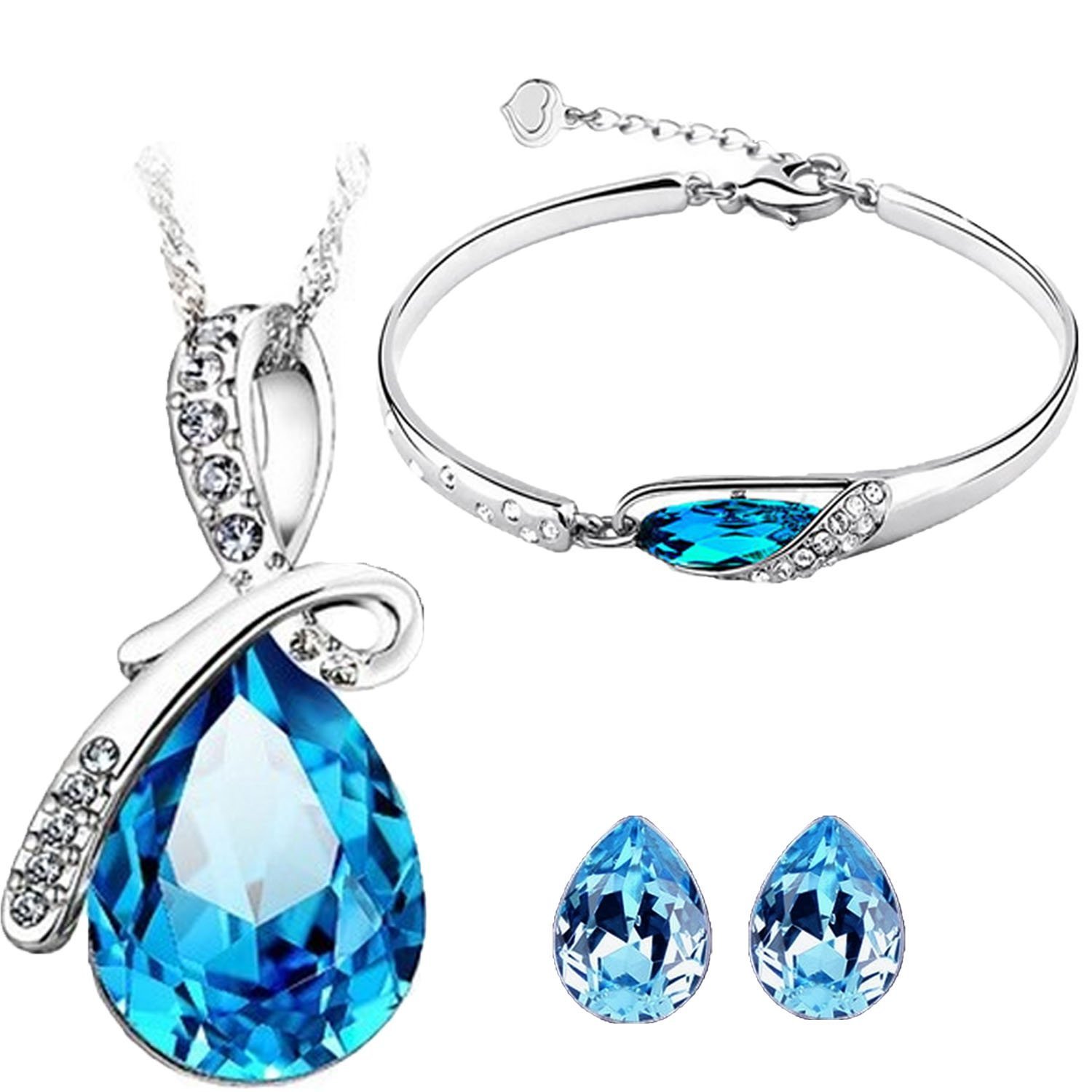 Platinum Plated Crystal Jewellery Combo of Pendant Set/Necklace Set with Earrings and Bracelet for Girls & Women(Blue)(vgcmb186)-picture-38