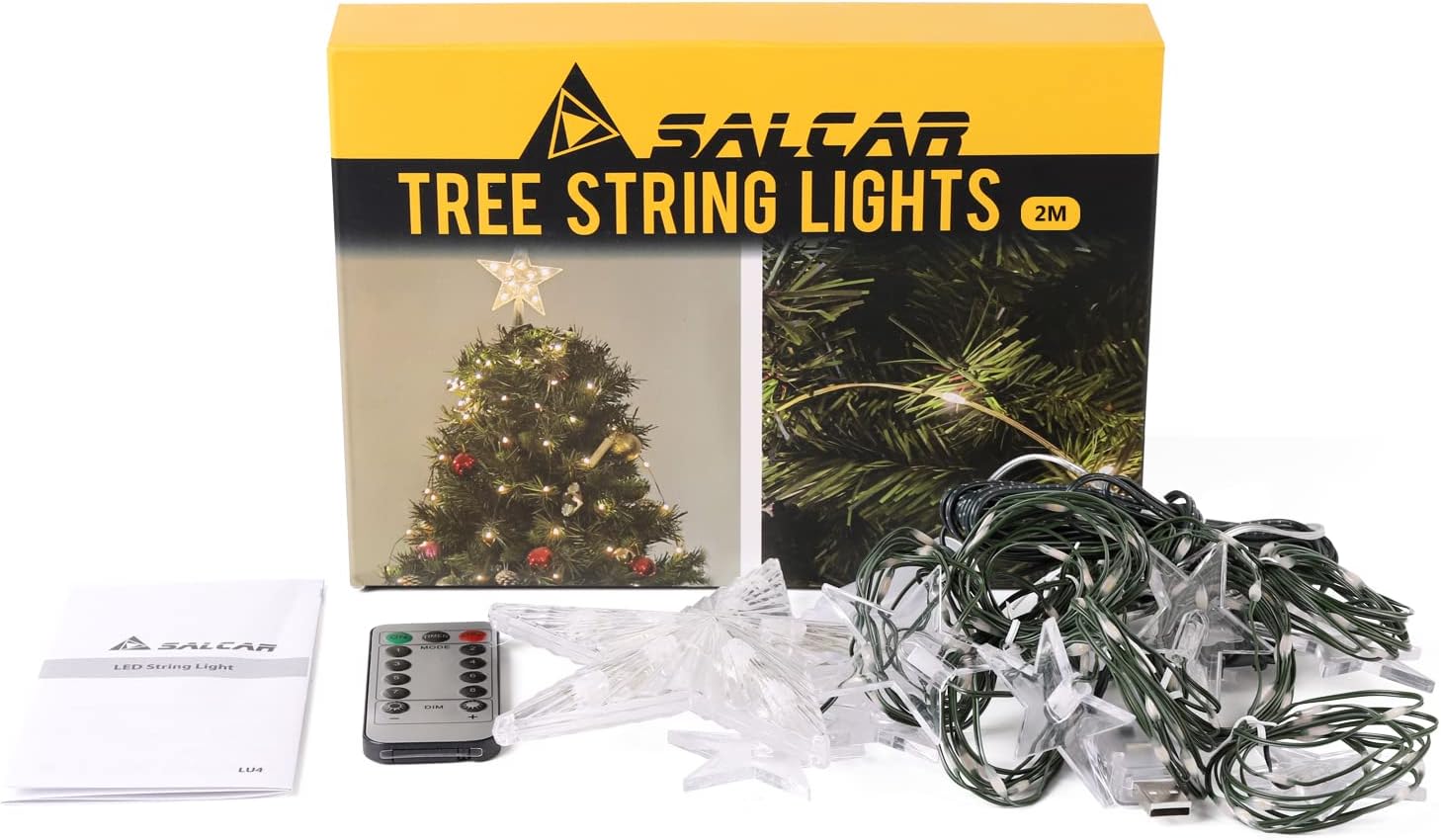 SALCAR Christmas Tree String Lights package contents including the string lights, star topper, USB cable, remote control, and user manual.