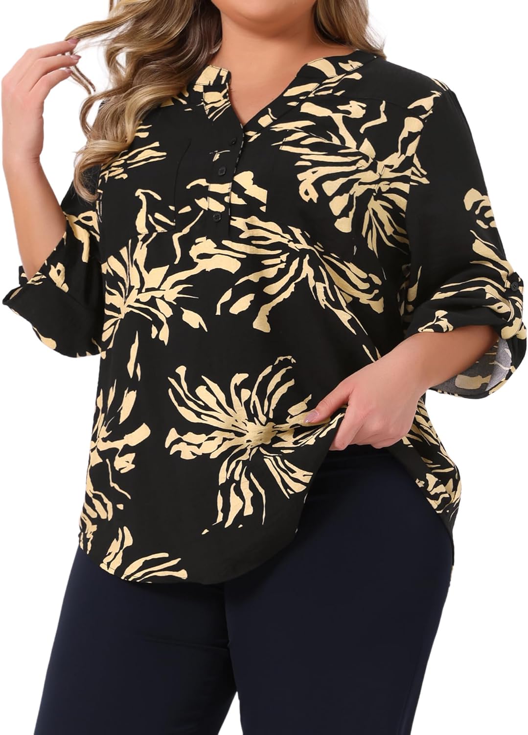 Agnes Orinda Plus Size Floral Tops for Women 3/4 Rolled Sleeves V Neck Button Tee Shirts Loose Fit Tunic Blouse - Image 2