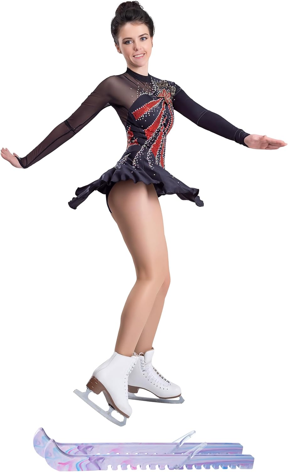 Figure Skating Dress/Bundle with Skate Guards/Italian Fabric, Made in Europe Style: A18 / Black Red/Size: Large