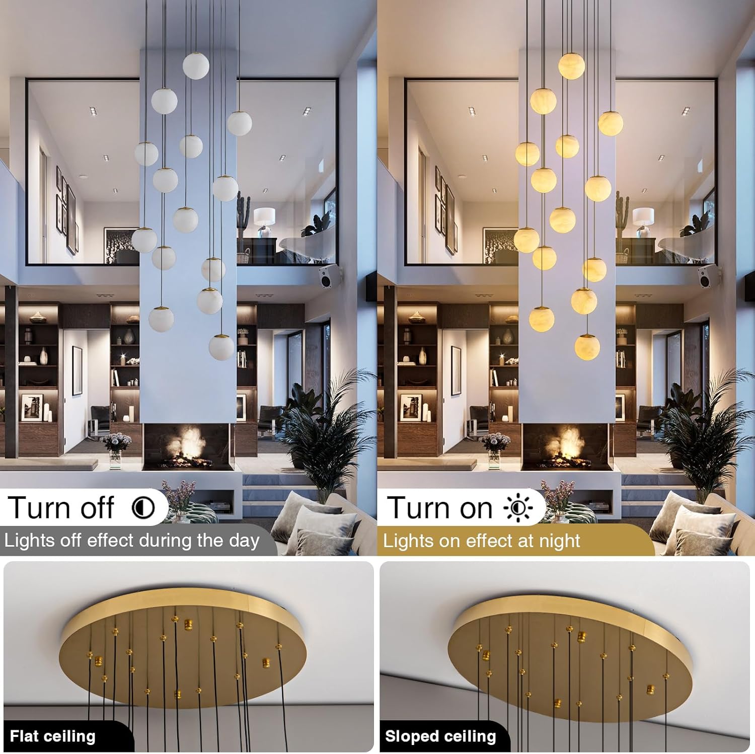 Gold Alabaster Chandelier,14-Lights Staircase Chandelier for Living Room, Modern Marble Pendant Light for Hight Ceiling Foyer Entry