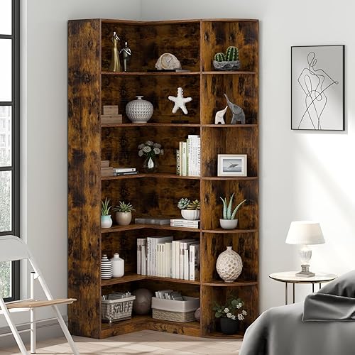 Miniatura 4 de Loomie Estanterías, estante de 6 niveles grande y alto de esquina con deflector completo, en forma de L, moderna exhibición de almacenamiento