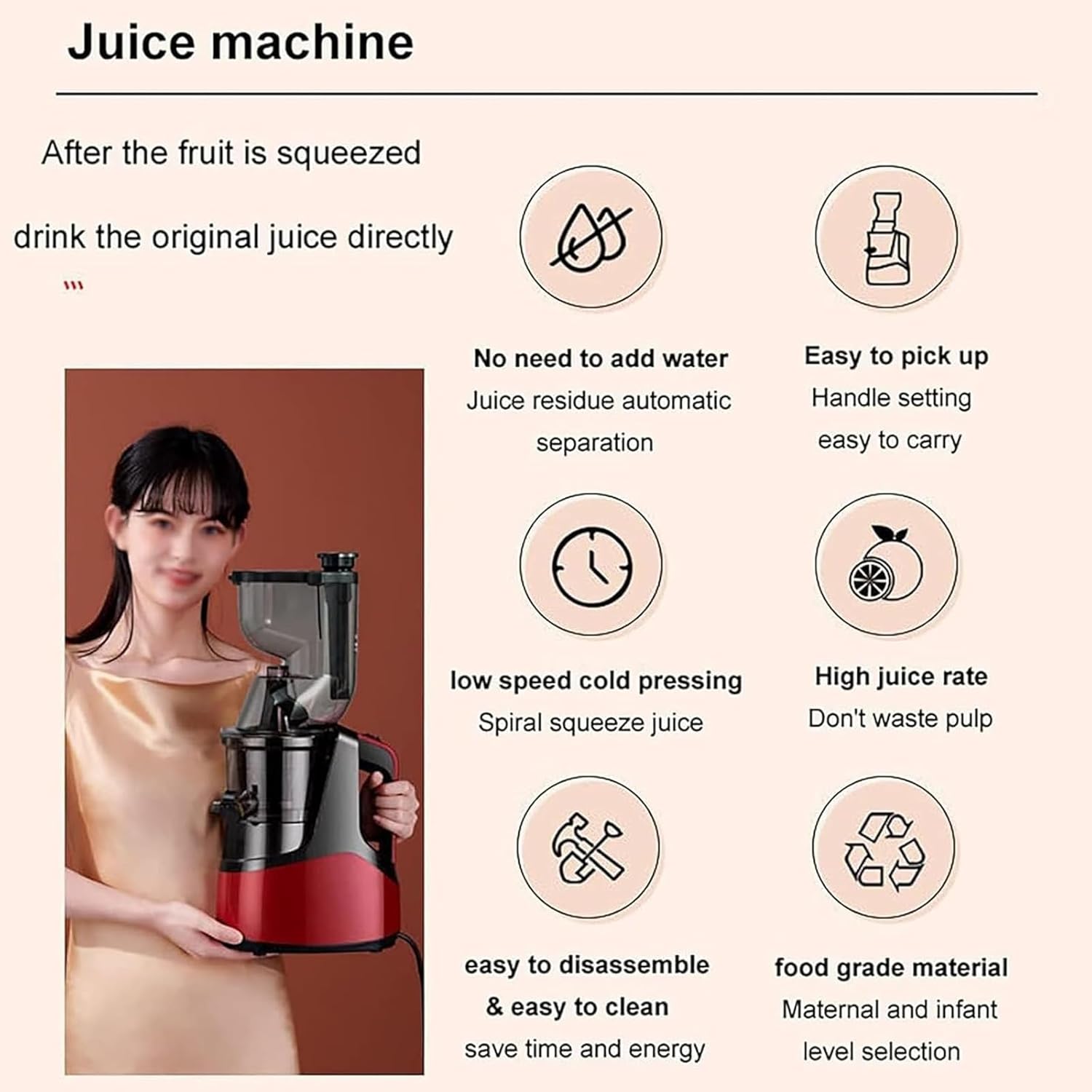 Cold Press Juicer Machine, Slow Masticating Juicer for Whole Fruit & Vegetable, Wide Mouth Juice Extractor with Reverse Function, Anti-clogging,Easy to Clean Quiet Motor red
