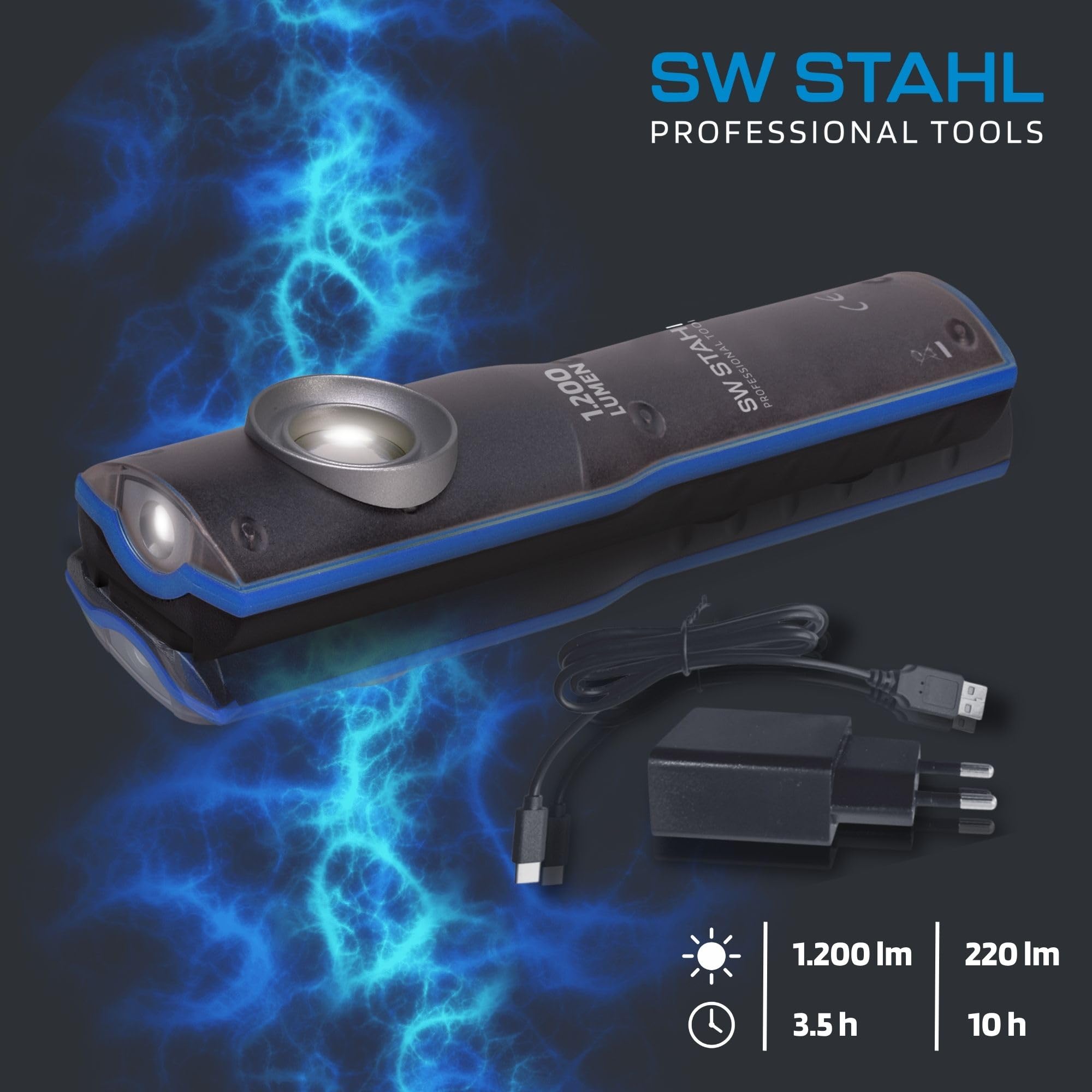 SW STAHL LED Handleuchte, 1.000 Lumen S9790 | Tragbare COB Arbeitsleuchte mit Li-Ion Akku, Metallgehäuse, Polycarbonat-Abdeckung und praktischer Ladestation