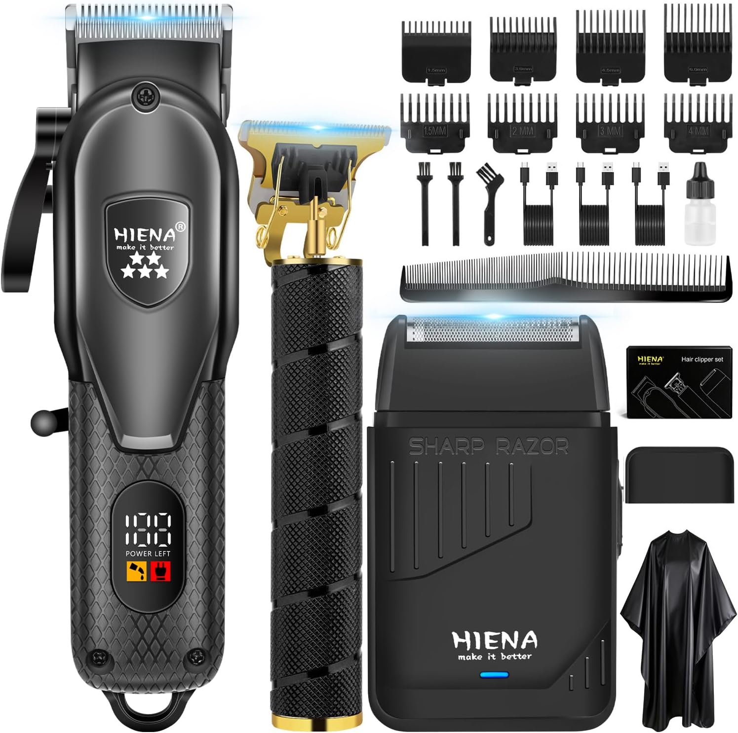 HIENA PRO Professional Hair Clipper Set for Men, Electric Foil Shavers and Beard Trimmers, Cordless Barber Clippers with LED Display, R-Type Adjustable Blade, Hair Cutting Kit, Gifts for Men