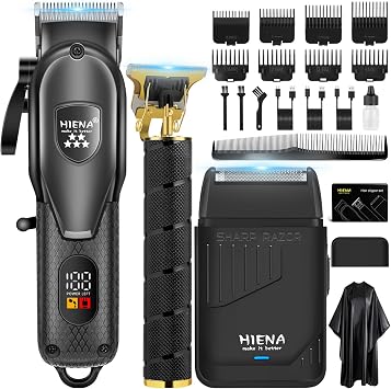 HIENA PRO Professional Hair Clipper Set for Men, Electric Foil Shavers and Beard Trimmers, Cordless Barber Clippers with LED Display, R-Type Adjustable Blade, Hair Cutting Kit, Gifts for Men
