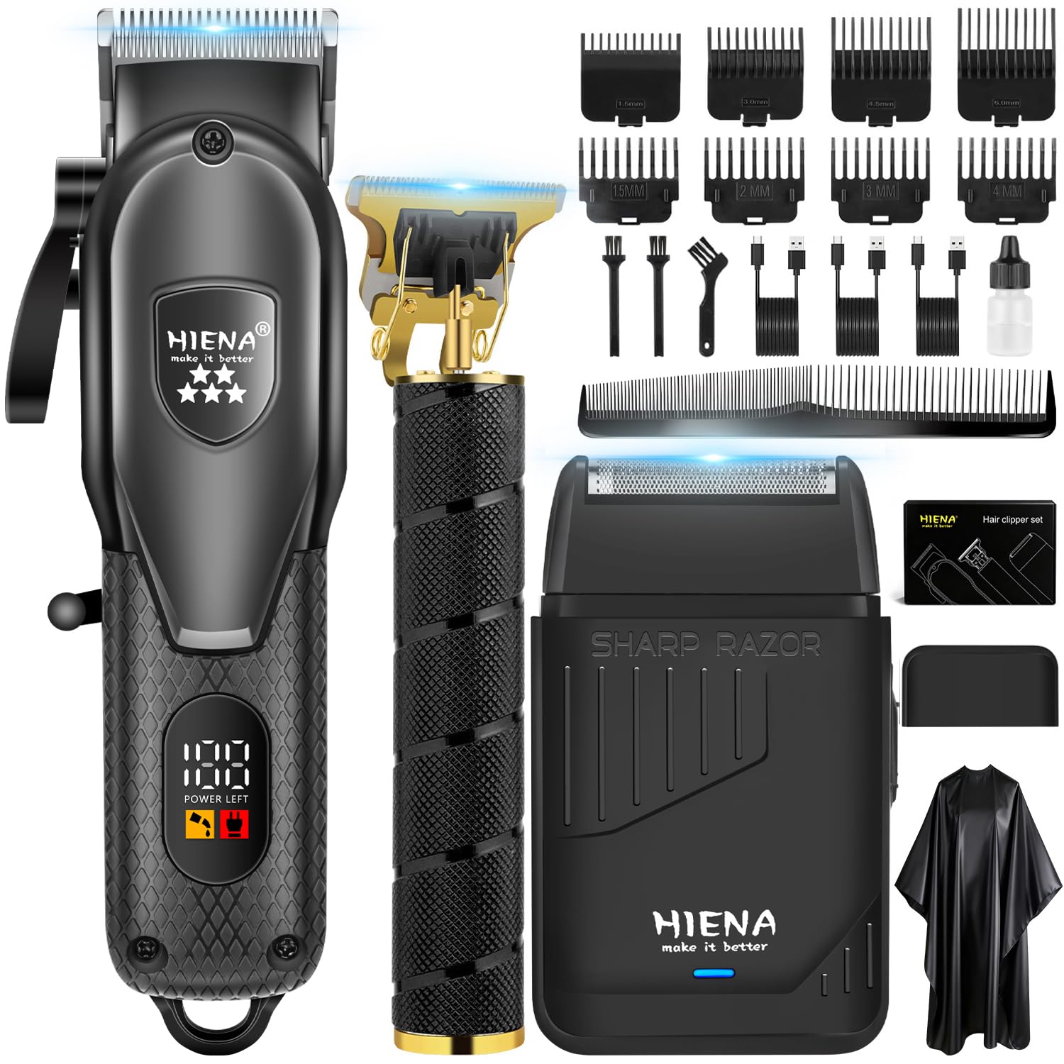 HIENA PRO Professionelles Haarschneidemaschine Set für Männer, Elektrischer Folienrasierer und Bartschneider, Kabelloser Friseurschneider mit LED-Anzeige, R-Typ Verstellbare Klinge, Haarschneide-Set