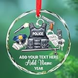 Police Officer Glass Ornament Christmas 2026, Personalized Text & Name Police Xmas Keepsake Gifts for Friends Coworkers, Cop Officer Christmas Tree Hanging Ornament, Custom Policeman Glass Ornaments