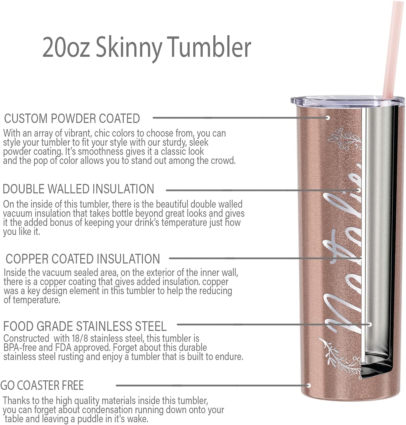 Best Promo Personalized Tumblers with Straw and Lid Laser Engraved Name on Rose Gold 20 oz Stainless Steel Skinny Custom Cups for Women, Mothers, Sisters and Best Friends