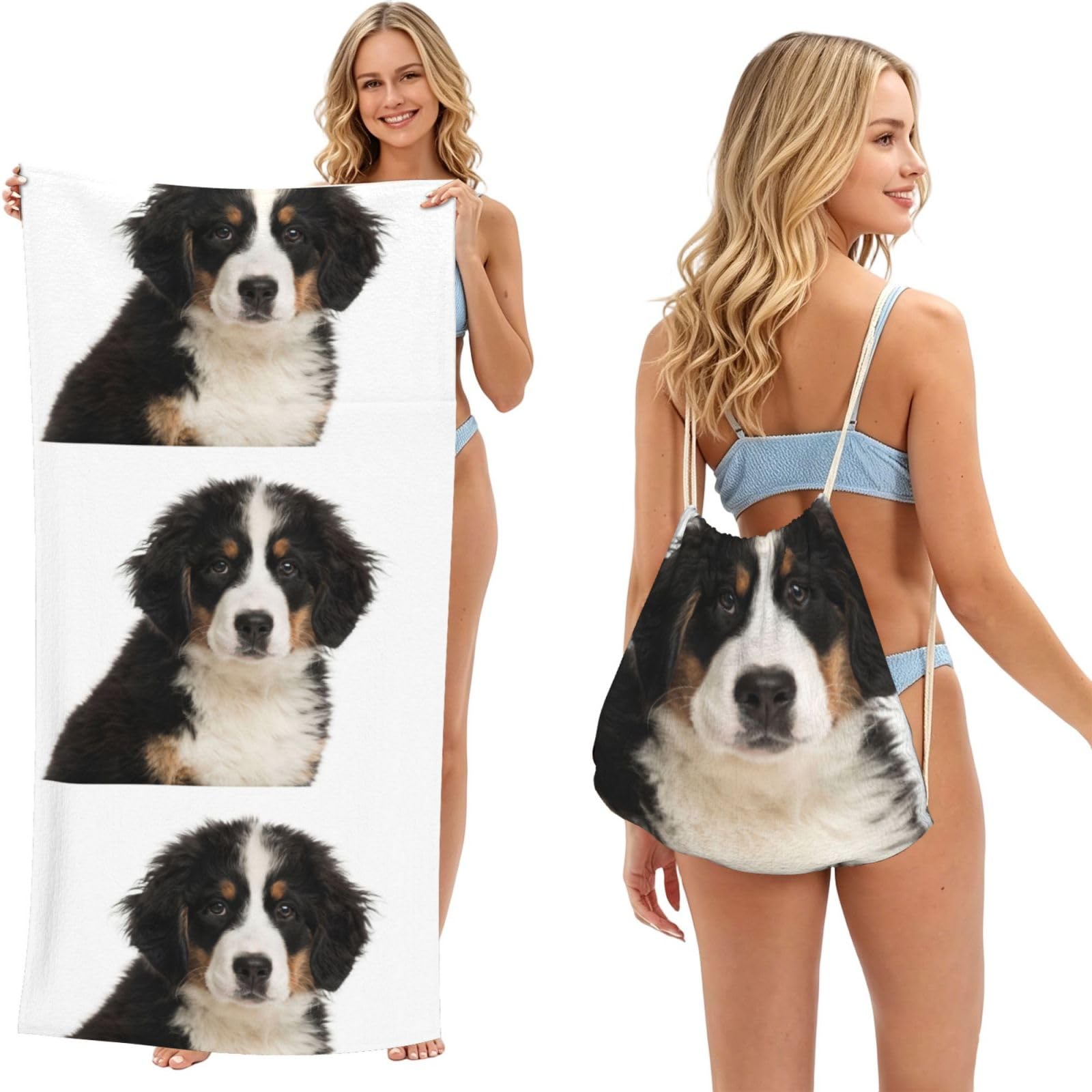 Poadnly As Picture Bernese Mountain Dog, 2 In 1 Packable Towel Bag, Beach Towels With Drawstring Backpack For Travel Holiday Camping