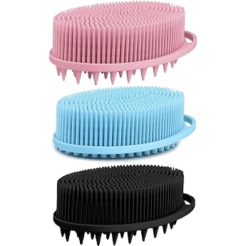 Pack of 3 Silicone Body Brush 2-in-1 Body Washer Bath Brush Shower Brush Shampoo Brush for Head Massage Exfoliation Gentle Foams Good Easy to Clean Durable All Skin Types