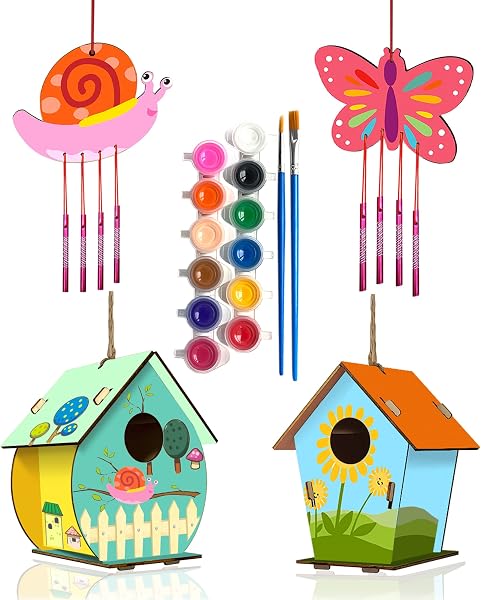 Home Composer 4 Pack DIY Bird House Wind Chime Kits for Children to Build and Paint, Wooden Arts and Crafts for Kids Gir