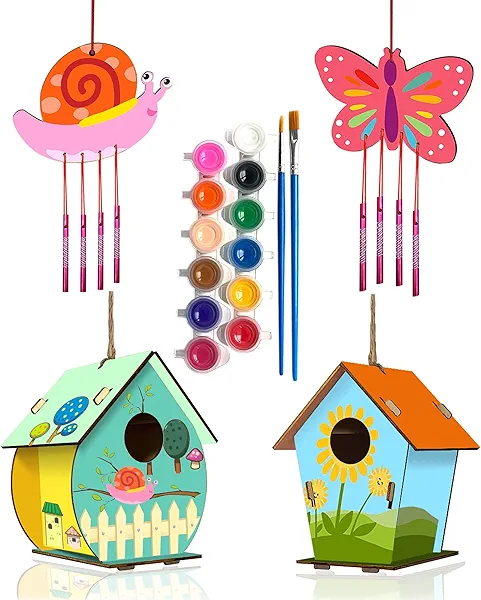 HOME COMPOSER 4 Pack DIY Bird House Wind Chime Kits for Children to Build and Paint, Wooden Arts and Crafts for Kids Girls Boys Toddlers Ages 8-12 4-6 6-8
