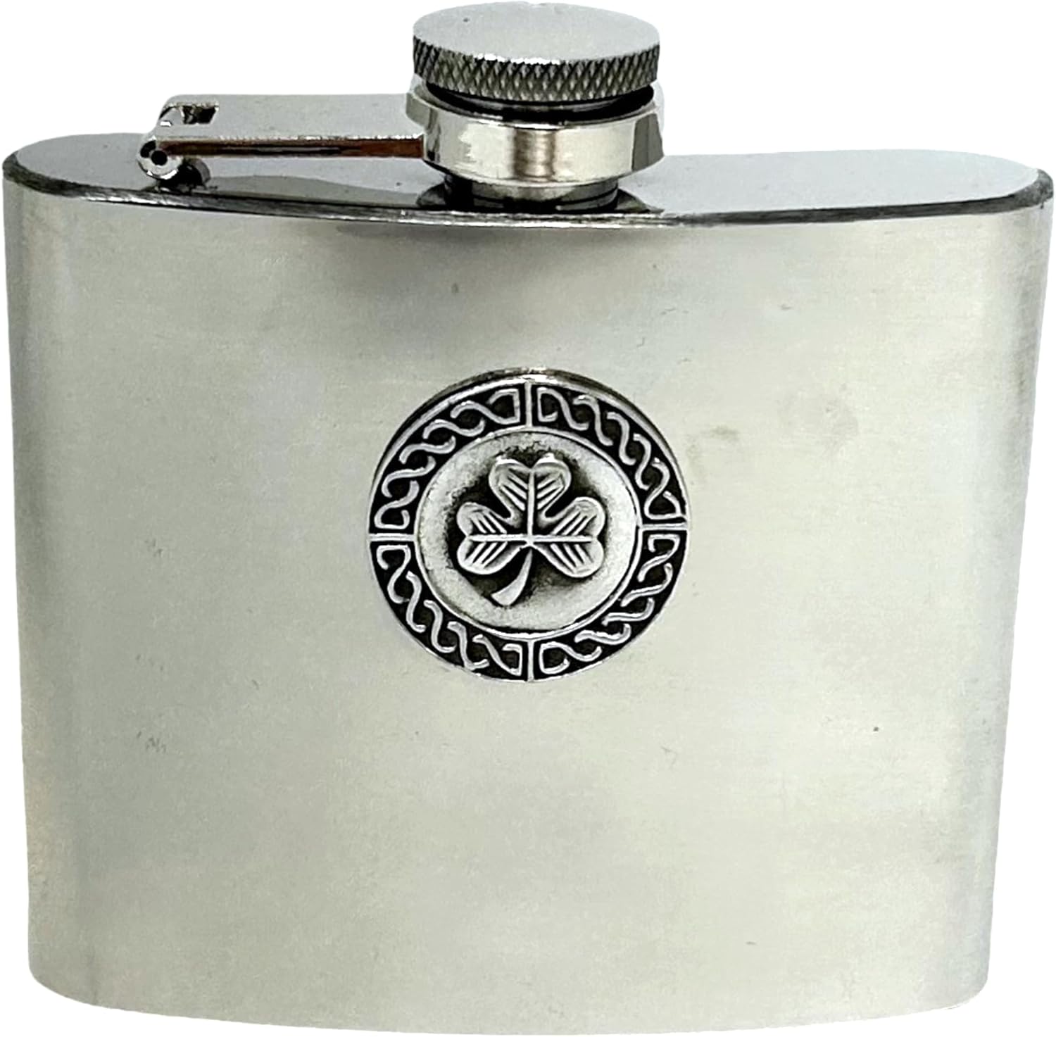 Briomhar Round Irish Pewter Whiskey Flask - 5 Fl Oz Stainless Steel Hip Flask - Shamrock