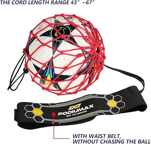 Miniatura 3 de PodiuMax Entrenador de fútbol manos libres, nuevo diseño de red bloqueada con pelota, cinturón de cintura ajustable y cordón para todos los niveles