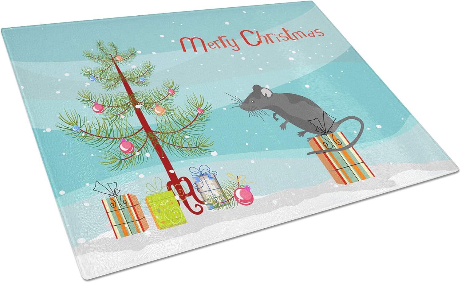 Caroline's Treasures CK4464LCB Satin Mouse Merry Christmas Glass Cutting Board Large Decorative Tempered Glass Kitchen Cutting and Serving Board Large Size Chopping Board