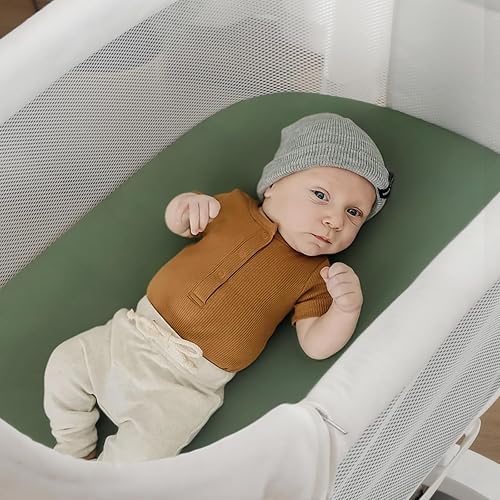 Vista 293 de GRSSDER Juego de 2 sábanas elásticas ultra suaves para moisés, ajuste universal para moisés, cesta de moisés, colchón rectangular ovalado, seguro