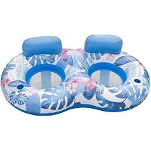 Double Pool Floats and 2 Person Lilo Inflatables, Twin PVC Tropical Sun Lounger with Headrests and Cooling Mesh Centre, Water Tanning Bed for Garden Swimming Holiday Relaxation