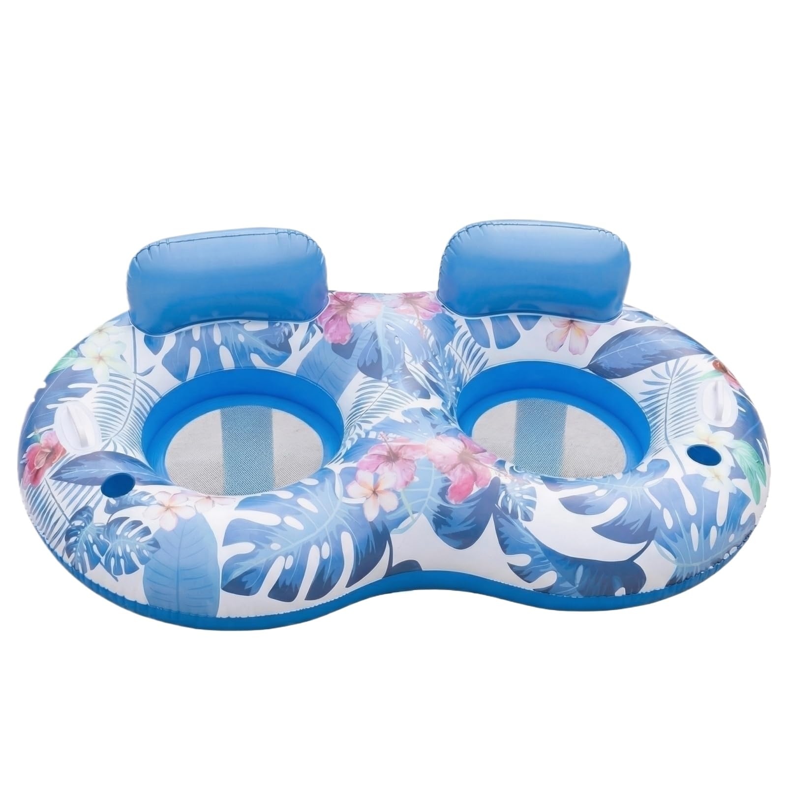 Double Pool Floats and 2 Person Lilo Inflatables, Twin PVC Tropical Sun Lounger with Headrests and Cooling Mesh Centre, Water Tanning Bed for Garden Swimming Holiday Relaxation (Blue)