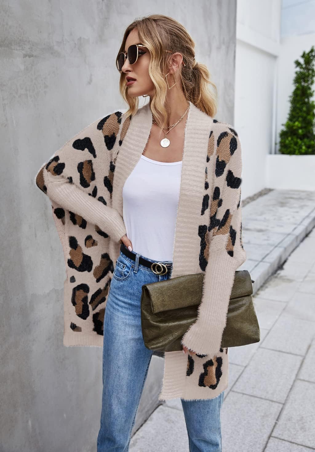 Women's Long Sleeves Open Front Casual Leopard Print Fuzzy Knitted Sweater Cardigan Coat Outwear - Image 2