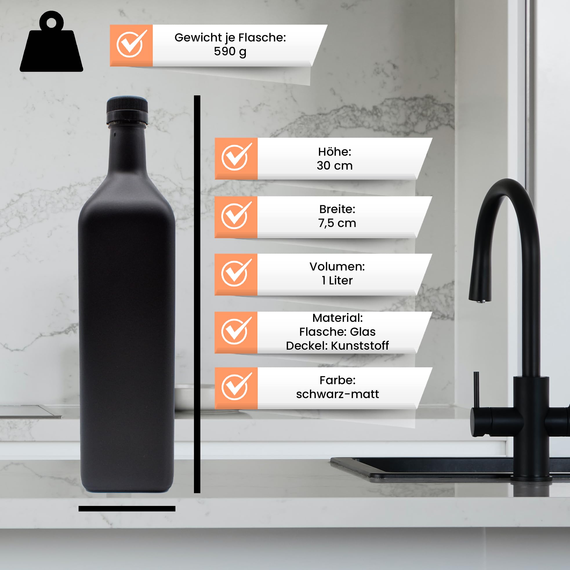 Ölflasche 1l aus Glas in schwarz-matt mit Edelstahl-Ausgießer, Deckel, Trichter und wasserfeste Etiketten (Free-Flow Ausgießer, Schriftart 1)