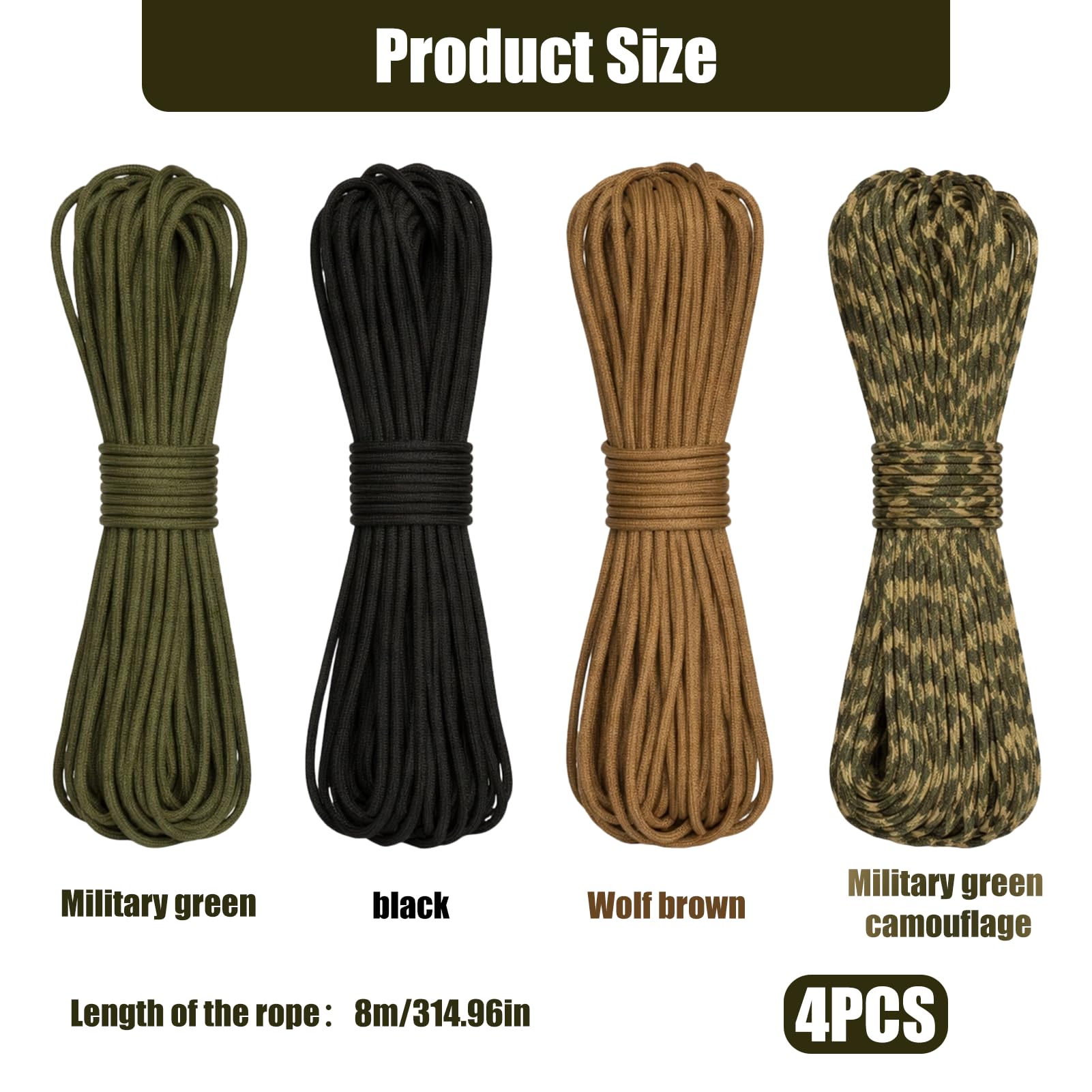 4 Piezas 8 Metros Paracord Cuerda de Nailon Paracaídas Diámetro 4mm, Cuerda Resistente con 7 Hilos de Nylon 100%, Capacidad de Carga, Ideal para Camping, Escalada y Pulseras Paracord — view 2