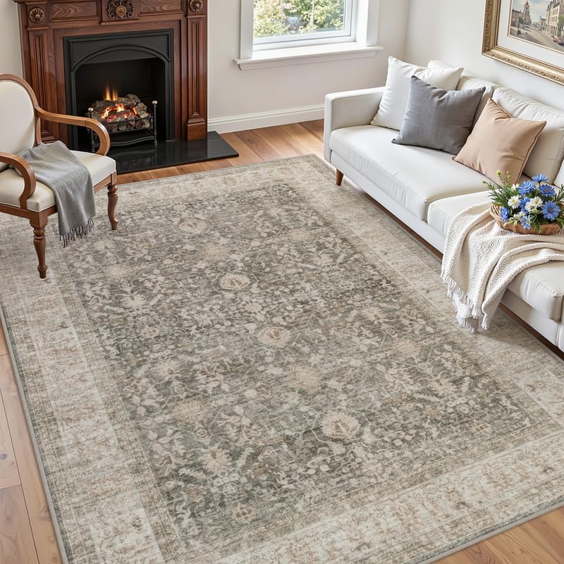 5x7 Area Rugs Living Room: Bedroom Washable Carpet Warm Taupe | Large Vintage Boho Indoor Decor Neutral Soft Nursery Farmhouse Dining Room Office Floor Non-Slip Low Pile Under Table Rug thumbnail