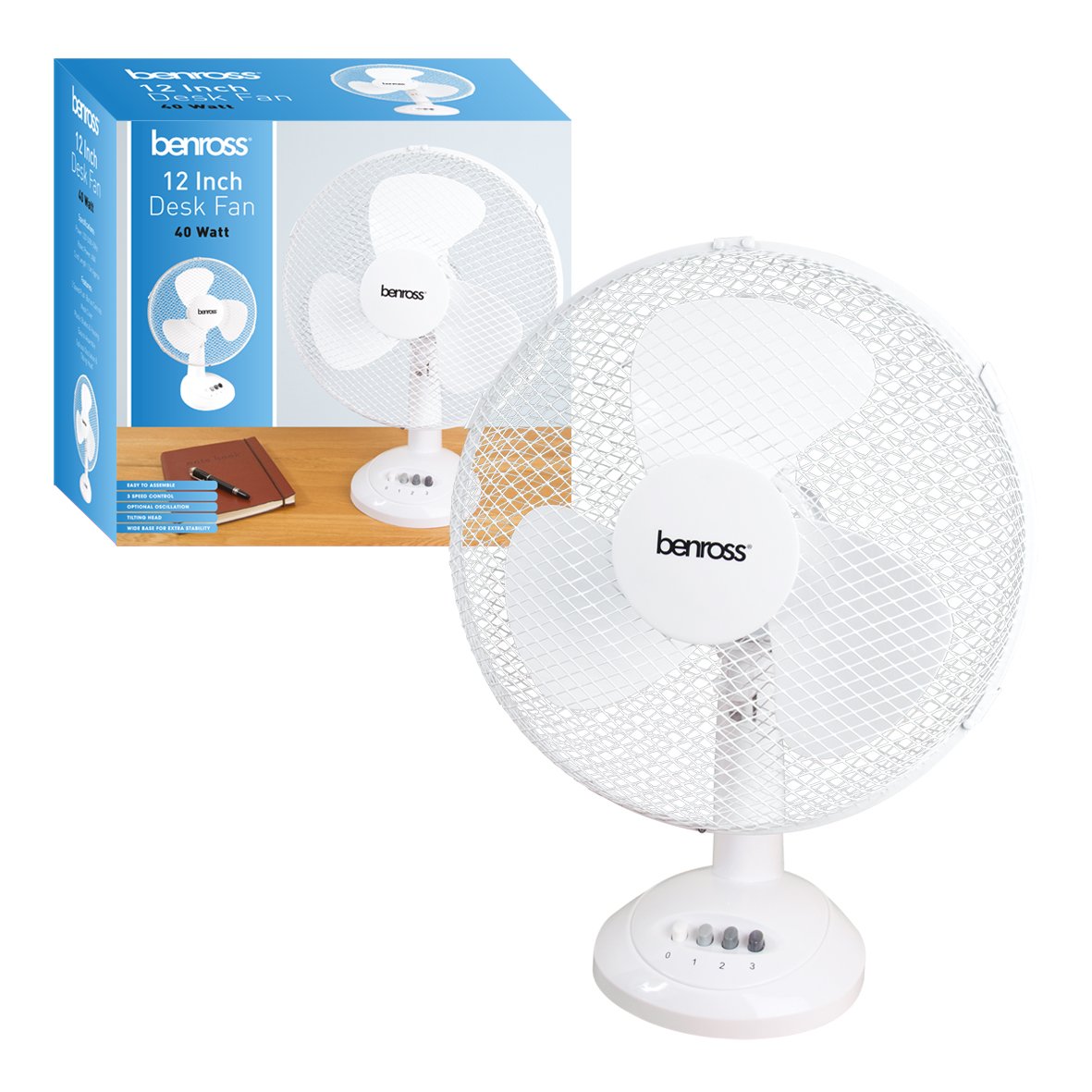 Benross 43920 12-Inch Standing Desk Fan/Easy Push Control Buttons / 3 Speed Settings/Oscillating Head/Safety Guard/Use In Home, Office, Commercial & More/White Colour