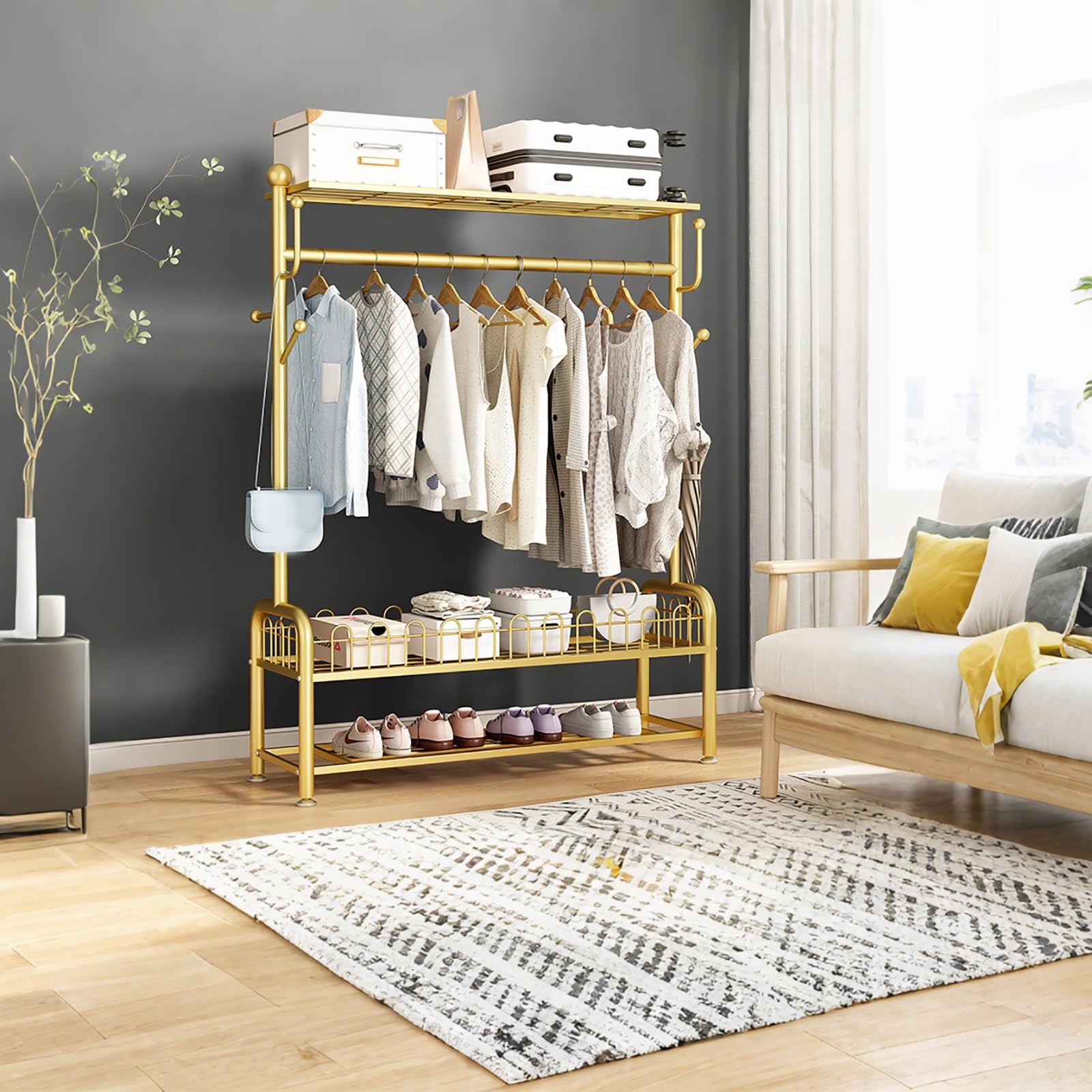 Elegante appendiabiti dorato con scarpiera, 100 cm, autoportante, per ingresso e soggiorno, multifunzionale Perchero Colgador.