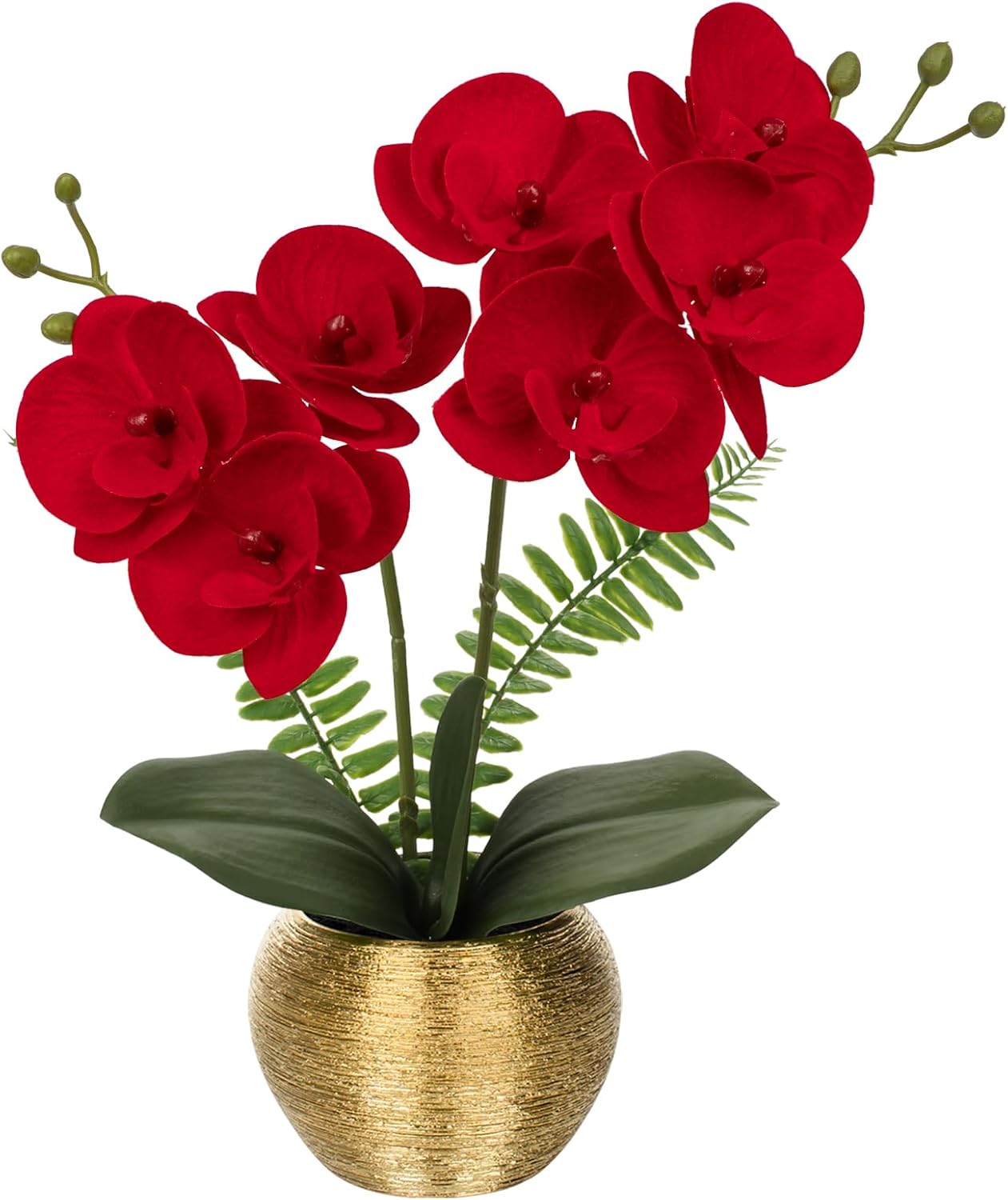 Briful Orchid Fake Flowers 13'' Red Silk Orchid Artificial Flowers with Gold Pot Small Faux Orchid Arrangement for Home Office Dining Room Table Centerpiece Shelf Decor