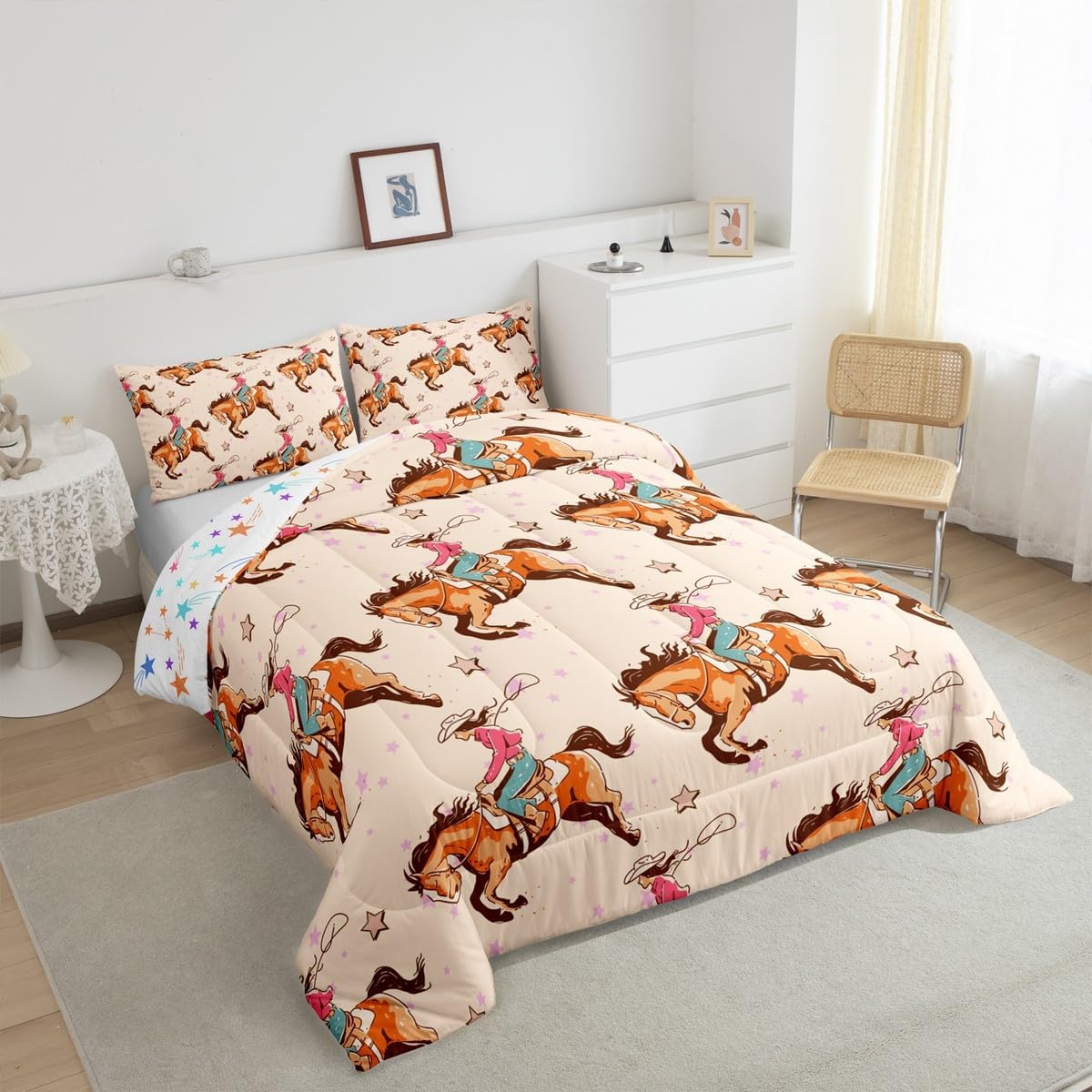 Erosebridal Western Cowgirl Twin Bedding Set,Wild West Cowboy Horse Comforter Set for Girls Boys Kids Room Decor,Rustic Country Style Quilt Bed Set Pink Texas Star Print Down Comforter 2Pcs