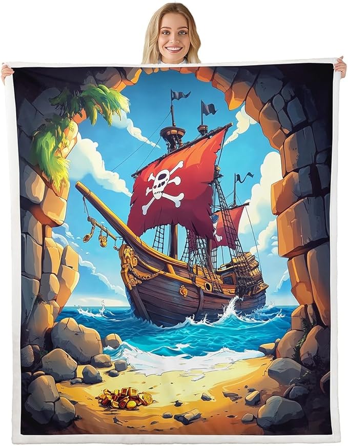 Castle Fairy Pirate Boat Blanket Navigation Treasure Adventure Throw Blanket for Kids Gothic Sugar Skull Sherpa Blanket Warm Lightweight Nautical 40x50 Inch Living Room Decor Blanket
