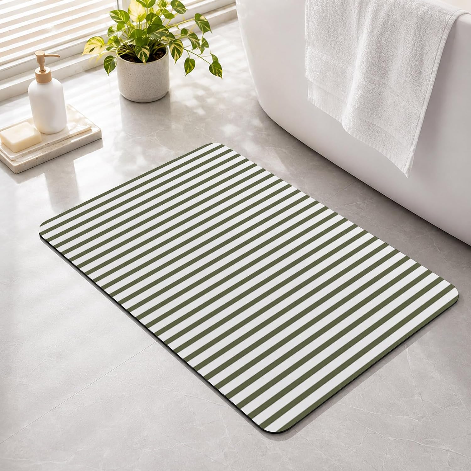 Minimalist Deep Green Striped Super Absorbent Stone Bath Mat 18" x 30"
