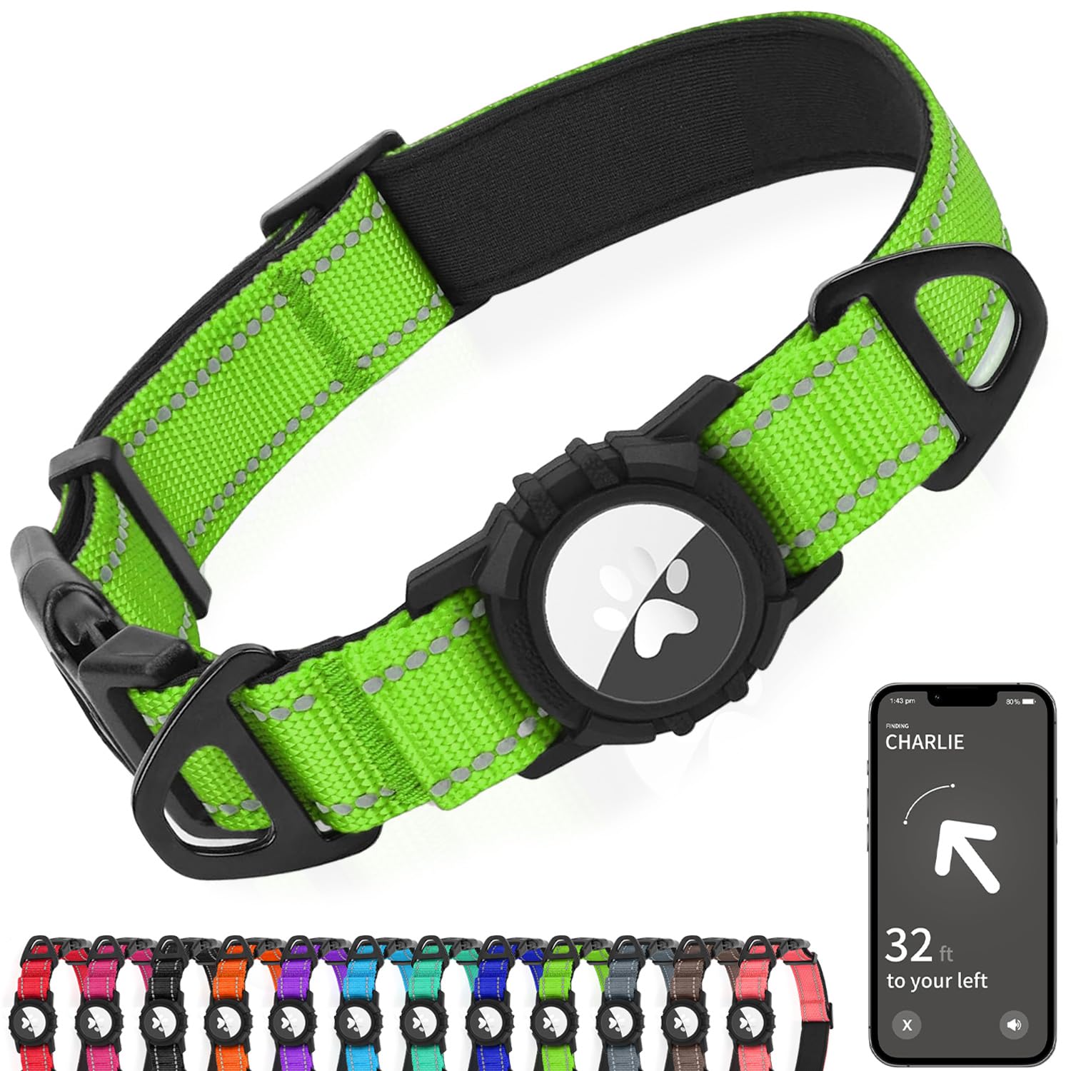 Joytale Airtag Dog Collar, Reflective Pet Collar with Waterproof AirTag Holder, Dual D-Rings, Soft Padded Adjustable for Extra Large Dogs, Green, XL