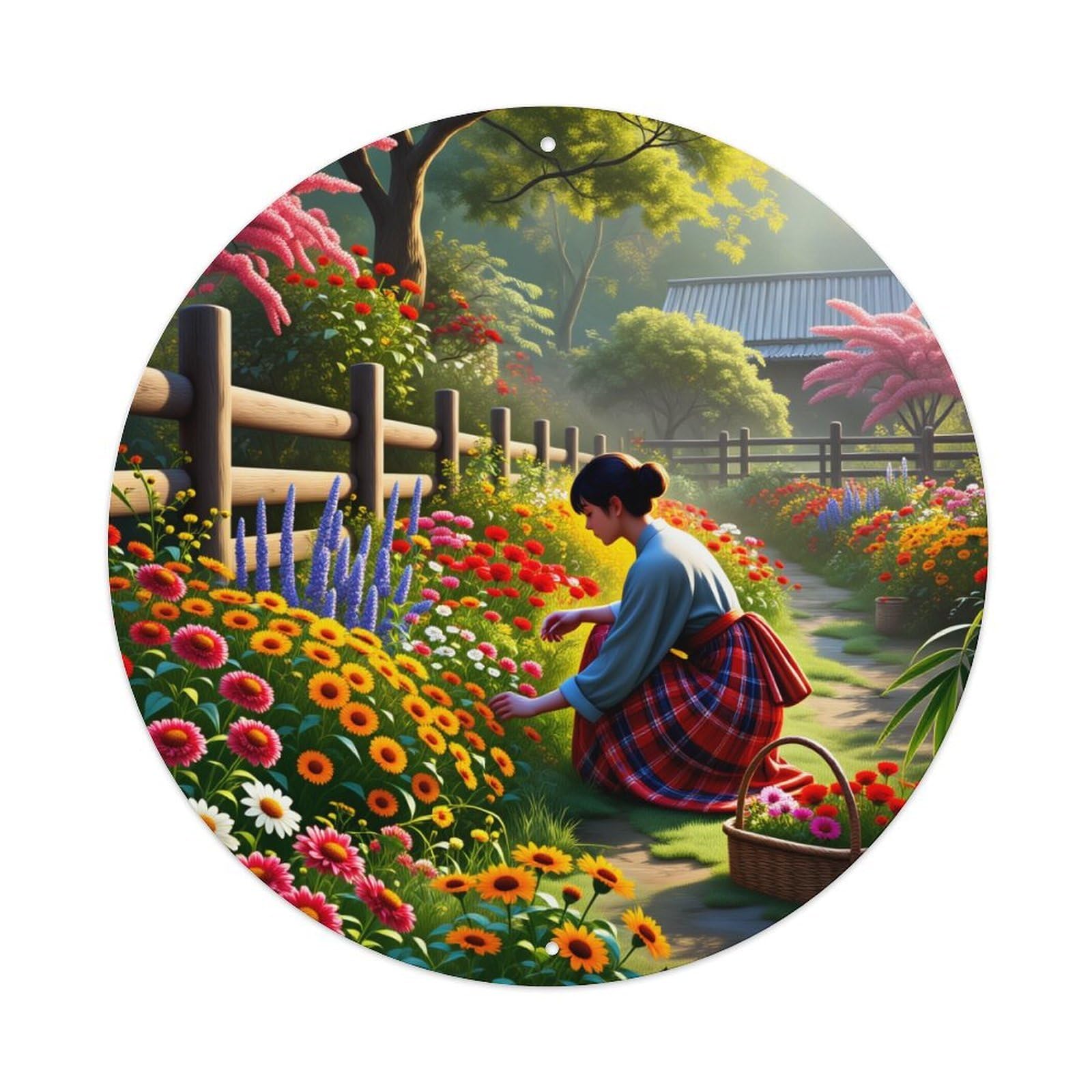 Floral Garden Woman Basket Path Metal Tin Sign Vintage Garden Bedroom Cafe Bar Man Cave Home Wall Decor Metal Poster 8x8 inches