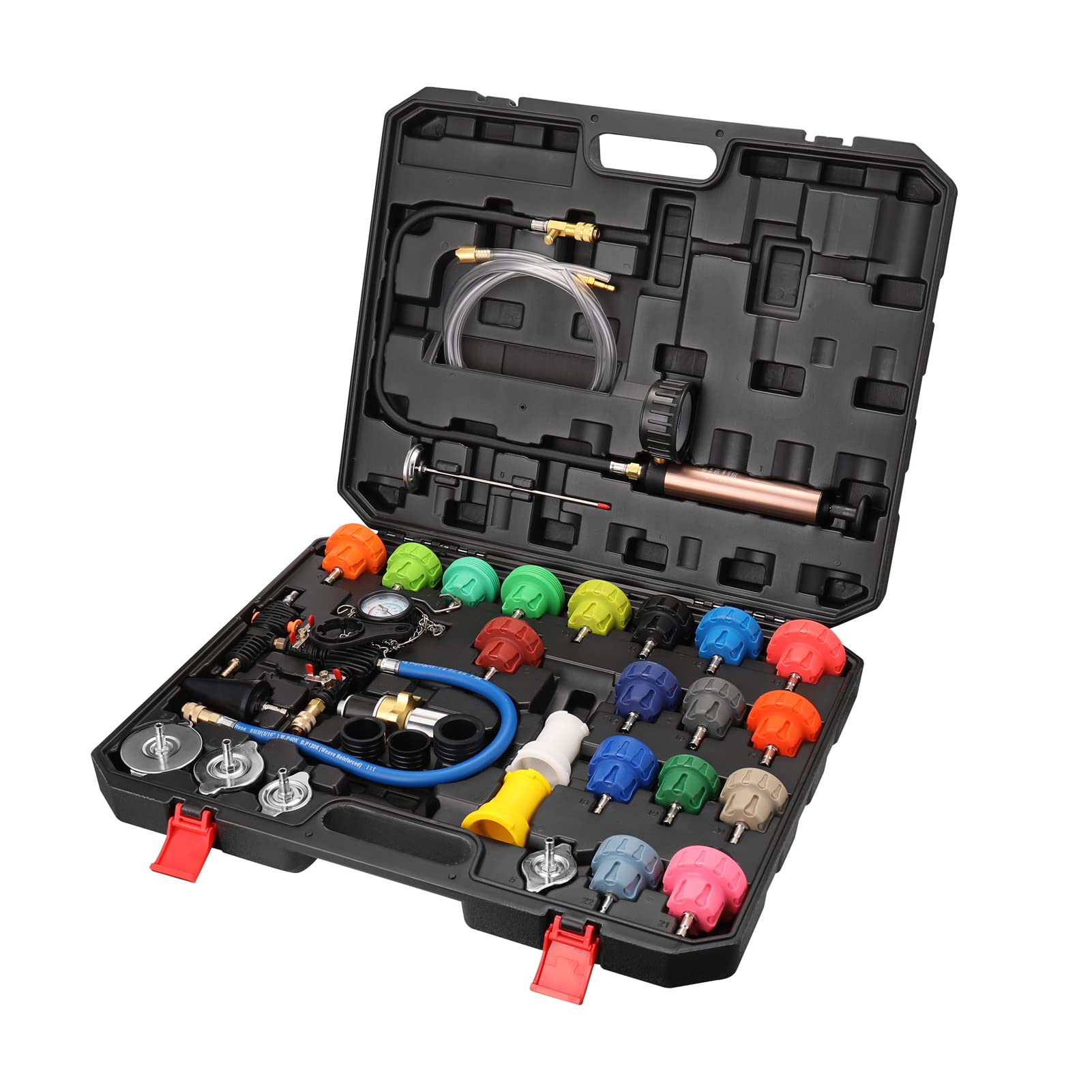 Morelian 34-Piece Universal Radiator Pressure Tester Kit Automotive Vacuum Cooling Sytem Refill Kit Leak Detection Tool Coolant Pressure Gauge with Storage Case for Car Truck SUV 34 Pieces