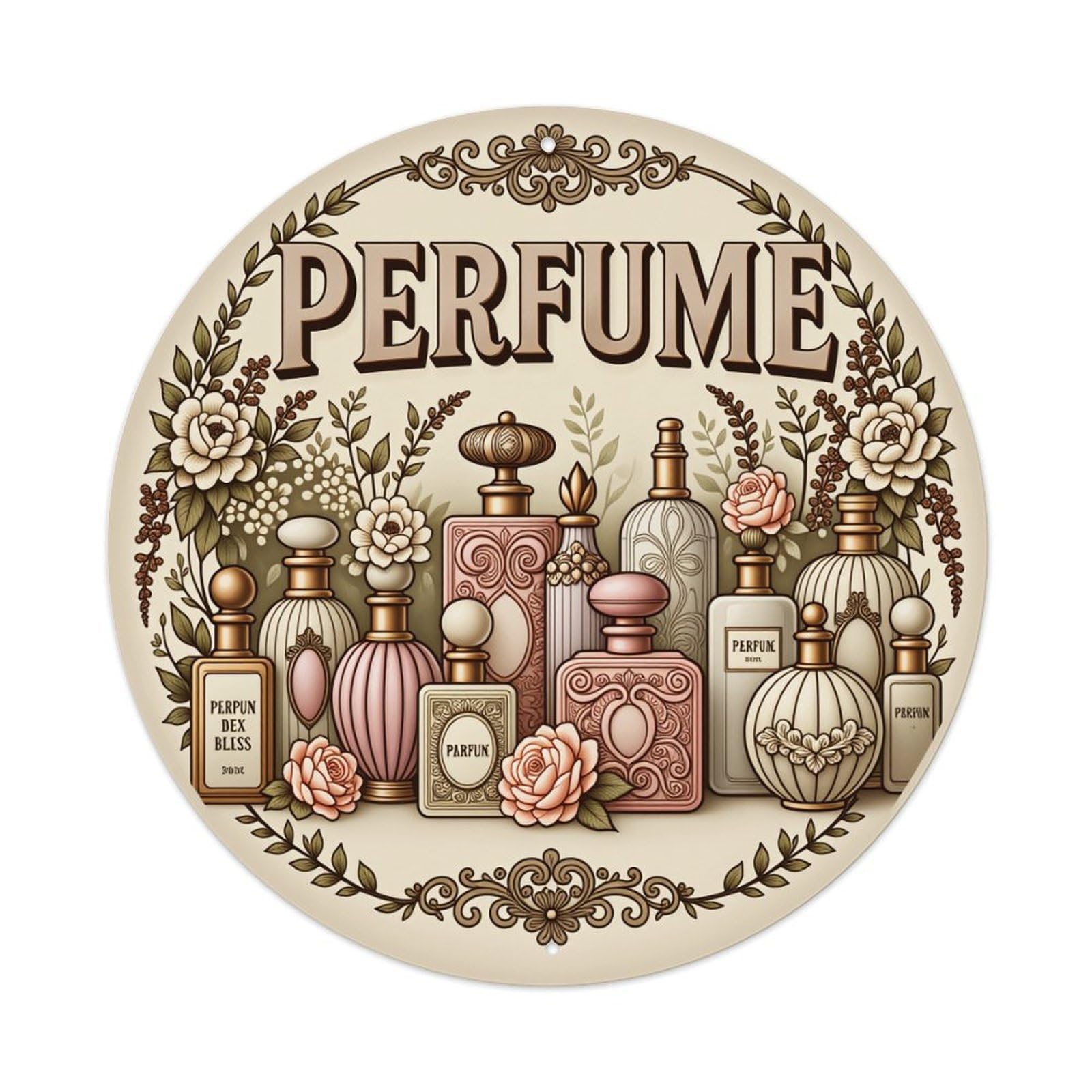 Perfume Bottle Floral Ornate Vintage Round Tin Sign Vintage Style Metal Sign Home Bar Garden Wall Plaque Decor Metal Poster 8x8 Inch