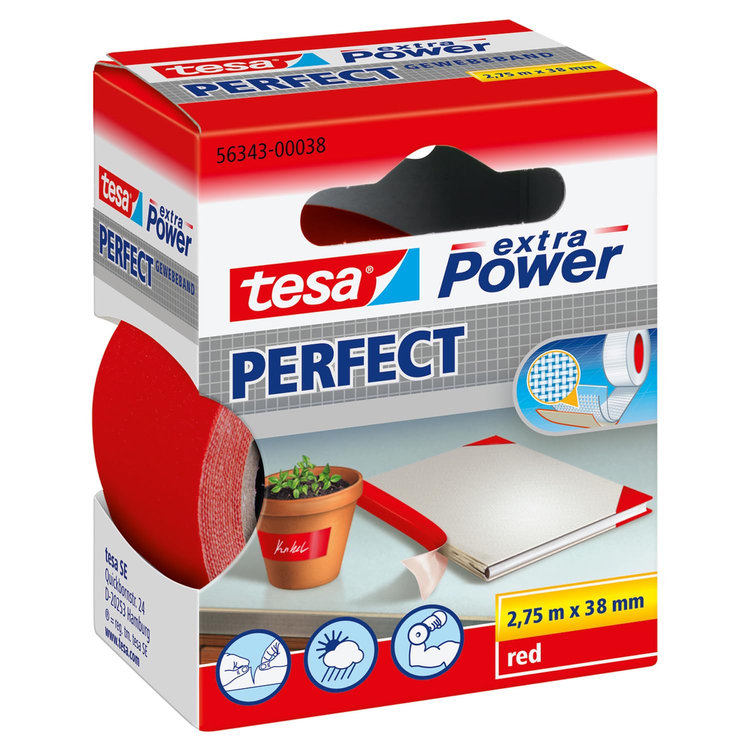 tesa extra Power Perfect Cloth Tape - Fabric-Reinforced Repairing Tape for Crafting, Repairing, Fastening, Reinforcing and Labelling - Red - 2.75 m x 38 mm