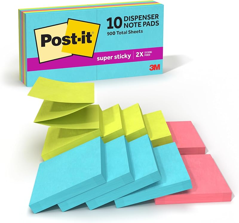 Dispensador de notas Post-it Super Sticky, 3 x 3 pulgadas, Supernova Neons, 10 almohadillas | Útiles escolares y de oficina, 2 veces más poder de adherencia, uso con dispensadores de notas Post-it